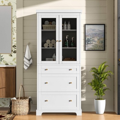 ORRD 70.1" Tall Bathroom Cabinet with Drawers & Glass Doors, White