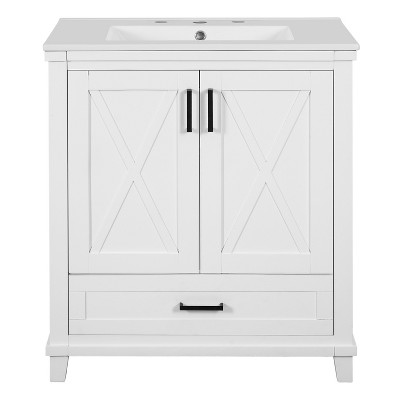 Vynxaria 30-Inch White Bathroom Vanity - Ceramic Sink, 2 Soft-Close Doors, Divided Drawer, Dual Shelves - Ideal for Small-Medium Bathrooms