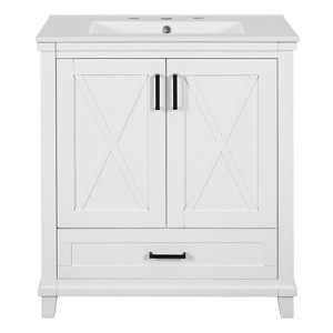 Vynxaria 30-Inch White Bathroom Vanity - Ceramic Sink, 2 Soft-Close Doors, Divided Drawer, Dual Shelves - Ideal for Small-Medium Bathrooms - 1 of 4