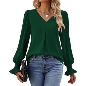 Women's Long Sleeve Tops Dressy Casual V Neck Tunic Shirts Loose Chiffon Work Blouse - 1 of 4