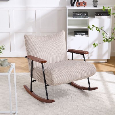 CAVINAS Mid-Century Rocking Chair with Walnut Wood Arms, Upholstered Lounge Accent Chair with Metal Frame and Support Foam