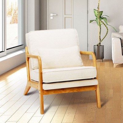 Tufted Accent Armchair with Pillow, Mid-Century Lounge Chair with Wood Frame & Cushioned Seat for Living Room, Bedroom or Office