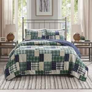 3 Pcs Colorful Stylish Block Printed Quilt Set, All Season Rustic Soft Textile Farmhouse Style Bedding Set, Reversible Bed Set with Matching Shams - 1 of 4