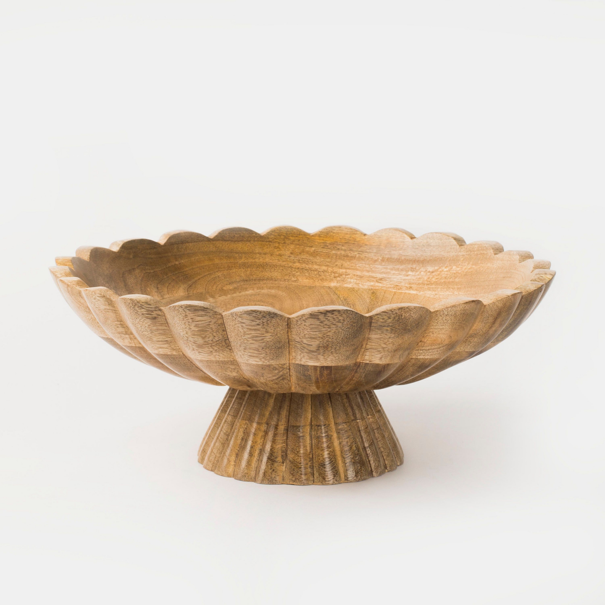 Mela Artisans Handcarved Mango Wood Fluted Pedestal Bowl, Natural Finish, 12"Dia