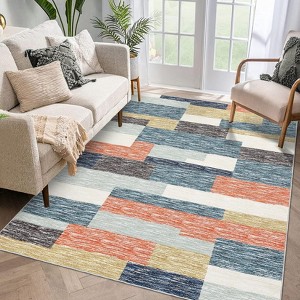 Area Rug, Home Decor Washable Modern Geometric Rug - Non-Slip Stain Resistant Belgian Velvet Neutral Farmhouse Carpet - 1 of 4