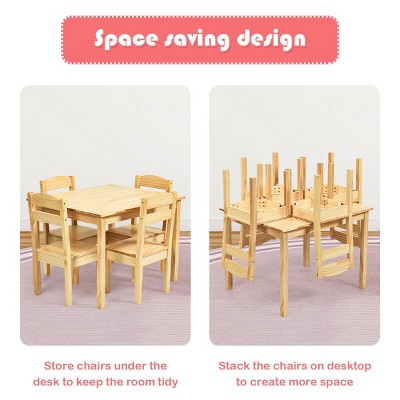 Natural Pine Wood Kids Table and Chair Set, 5-Piece
