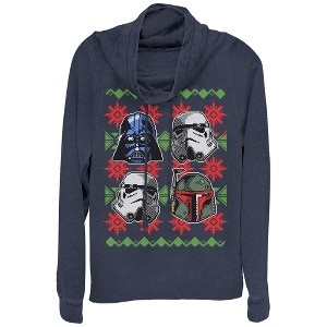 Juniors Womens Star Wars Ugly Christmas Empire Helmet Cowl Neck Sweatshirt - 1 of 3