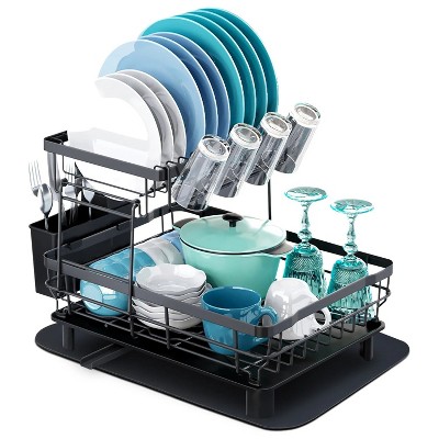 LunaLulinlk 2 Tier Dish Drying Racks for Kitchen Counter, Dish Drying Rack Drain Board Set with Utensil Holder and Cup Rack