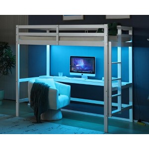 VINGLI Loft Bed with Desk, Wood Bunk Bed Twin Size with RGB LED for Adults, 2 Charging Station on High Guardrail and Desk,Wood Slat Support, White - 1 of 4