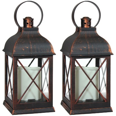 Sunnydaze 10" Setauket Copper Traditional Style Plastic and Glass Battery Operated Indoor LED Candle Lantern 2pk