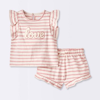 Baby Girls' Rose Striped Chenille Patch Tank & Shorts Set - Cloud Island™ Pink 18M