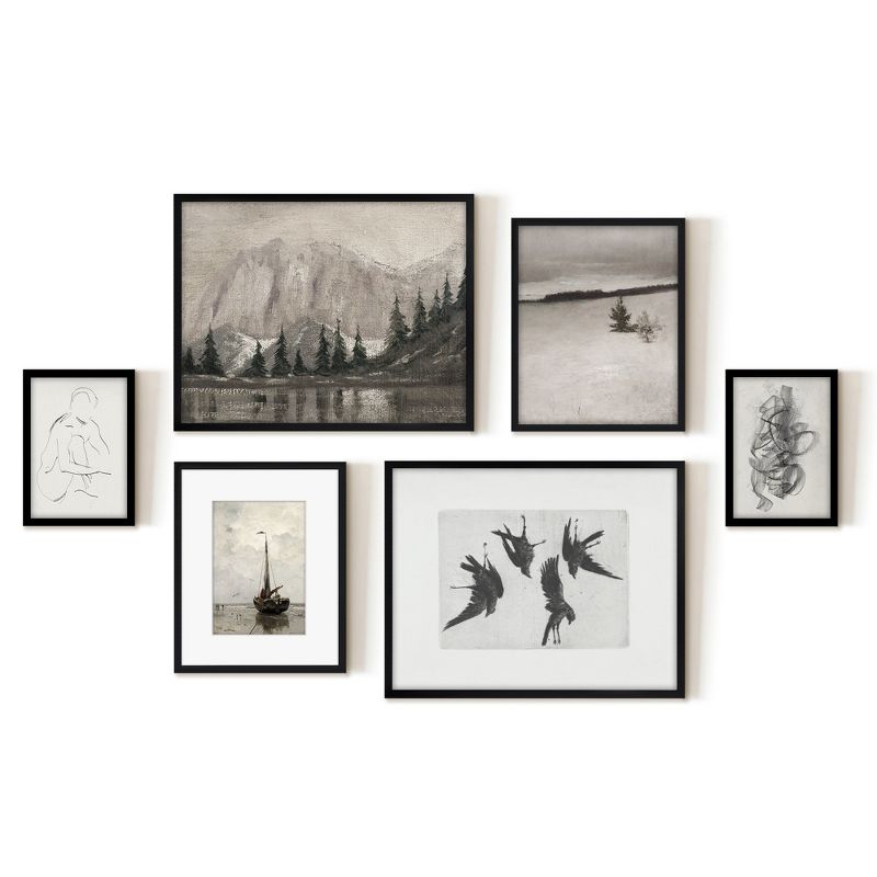 Americanflat 6 Piece Vintage Gallery Wall Art Set - Mountain Range, Four Ravens, Winter Tree, Beached Fishing Boat, Chaos by Maple + Oak, 1 of 5