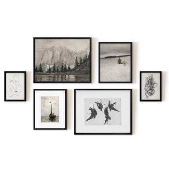 Americanflat 6 Piece Vintage Gallery Wall Art Set - Mountain Range, Four Ravens, Winter Tree, Beached Fishing Boat, Chaos by Maple + Oak