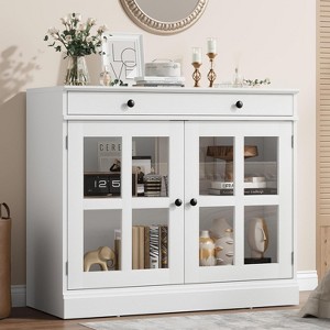 Acekool Sideboard Buffet Cabinet with Glass Doors, Drawer & Adjustable Shelves, 35.4" Modern Storage Cabinet for Dining Room Kitchen, White - 1 of 4