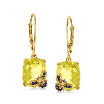 Ross-Simons 7.25 ct. t.w. Lemon Quartz Bumblebee Drop Earrings With Smoky Quartz and Black Spinel Accents in 18kt Gold Over Sterling