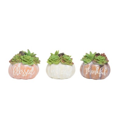 Transpac Set of 3 Resin Pumpkin Figurines with Succulent for Fall Harvest Green Tabletop Decor Indoor Gift
