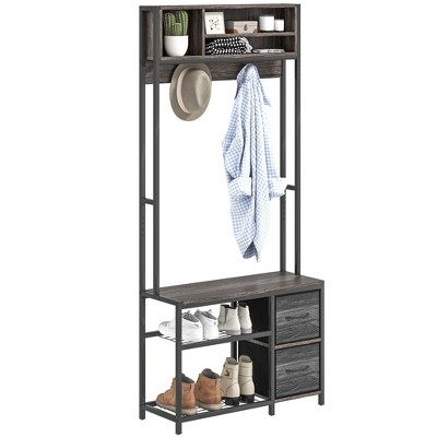 HOMCOM 5-in-1 Hall Tree with Bench and Shoe Storage, Entryway Bench with Coat Rack, 3 Storage Compartments, 2 Fabric Drawers