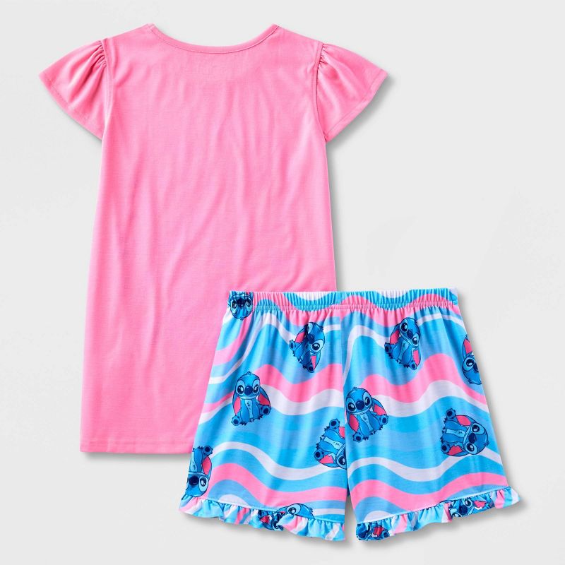 Girls' Lilo & Stitch 'Cutie' 2pc Short Sleeve Top and Shorts Pajama Set - Pink/Blue, 2 of 4