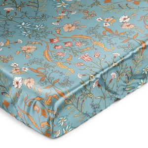 Sweet Jojo Designs Girl Satin Fitted Crib Sheet Boho Floral Wildflower Blue Orange and Pink - 1 of 4