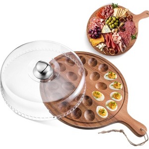 Easter Acacia Wood Deviled Egg Platter with Lid and Handles 24 Holes, Reversible Wooden Charcuterie Board Serving Container - 1 of 4
