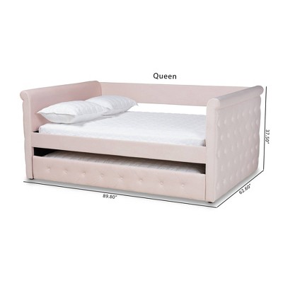 Light Pink Velvet Queen Daybed with Trundle and Tufted Upholstery