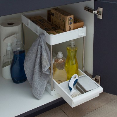 Simplify 2-Tier White Plastic Sink Organizer with Drawer