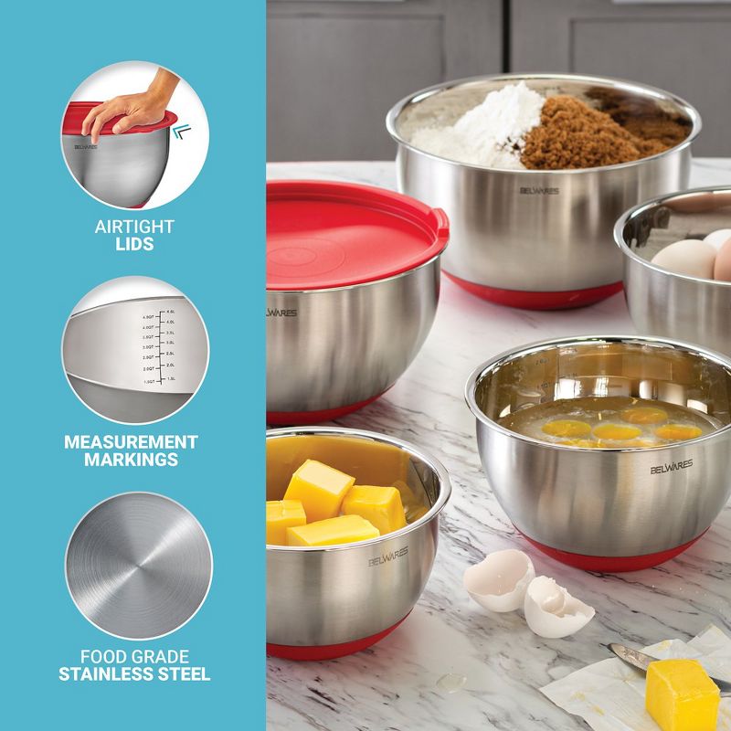 Mixing Bowls with Lids Set - Nesting Bowls with Airtight Lids + Graters - Stainless Steel Non-Slip Mixing Bowl for Baking, 3 of 8
