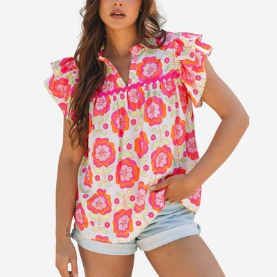 Amaryllis Women’s Bright Floral Print Ruffle Sleeve Split Neck Relaxed Fit Lightweight Casual Top