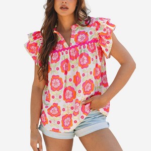 Amaryllis Women’s Bright Floral Print Ruffle Sleeve Split Neck Relaxed Fit Lightweight Casual Top - 1 of 4