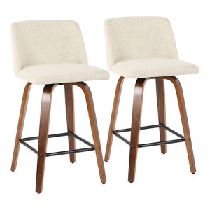 LumiSource Set of 2 Toriano Mid-Century Modern Counter Height Barstools Walnut/Cream: Swivel, Upholstered, Wood Frame - 1 of 4