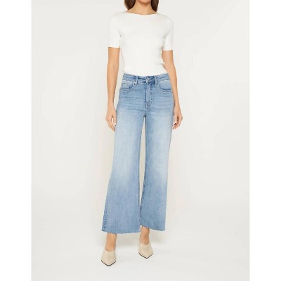 Women's Tummy Tuck High Rise Wide Raw Hem Jeans - mica denim