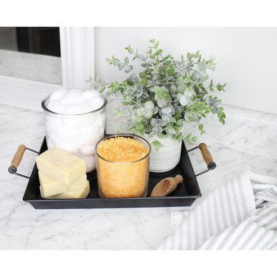 Black Enamel Rectangular Trays with Wood Handles, Set of 2