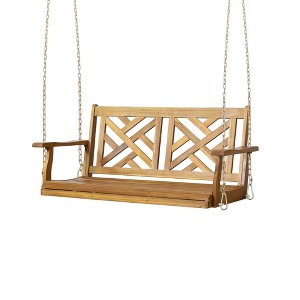 NAYSAYE Patio Swing Acacia Wood Porch Swing with Slatted Design for Backyard Relaxation, Teak, 25.25"*22"*41.89" - 1 of 4