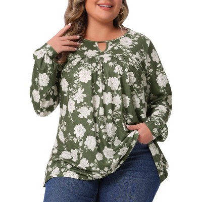 Agnes Orinda Women's Plus Size Keyhole Floral Pleated Long Sleeve Flowy Casual Tunic Blouse