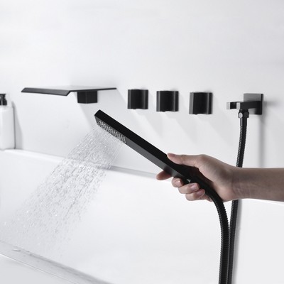 Matte Black Wall Mount Waterfall Tub Filler Faucet with Hand Shower