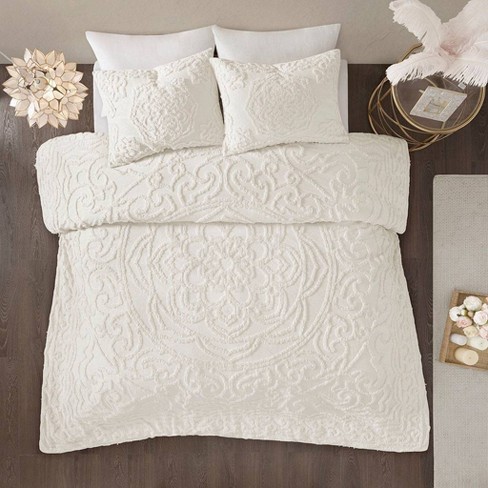 3pc King/California King Cecily Tufted Cotton Chenille Medallion Duvet  Cover Set - Ivory