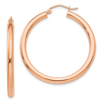 Black Bow Jewelry 3mm, 14k Rose Gold Polished Round Hoop Earrings, 35mm (1 3/8 Inch)