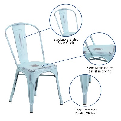 Distressed Green-Blue Metal Stackable Side Chair