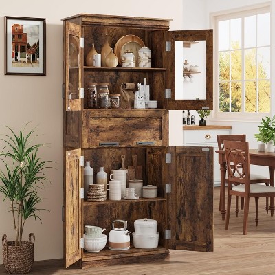 Acekool Tall Storage Cabinet with Double Doors, Adjustable Shelves & Drawer, Glass Accent for Bathroom, Living Room, Kitchen