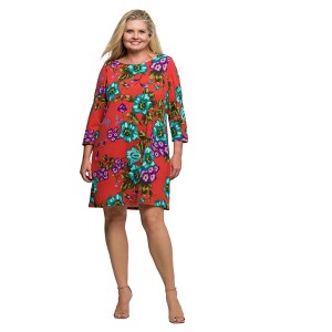 24seven Comfort Apparel Orange Floral Print Three Quarter Sleeve A Line Knee Length Dress - 1 of 3