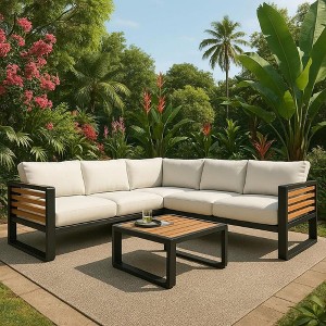 Merax L-Shaped Metal & Acacia Wood Sectional Sofa with Soft Cushions & Coffee Table - 1 of 4