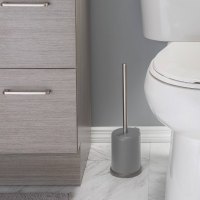 Gray Stainless Steel Toilet Brush Holder with Self-Closing Lid