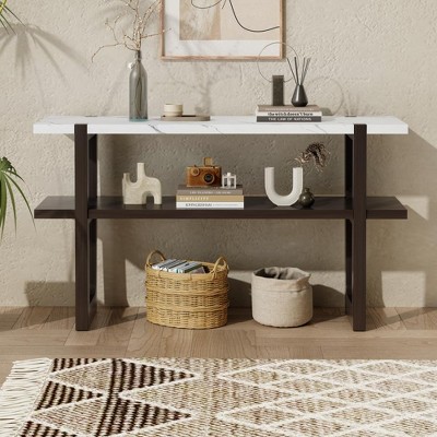 CAVINAS 54 inch Console Table,Retro Entryway Table with Marble-Effect Top and Open Shelf for Living Room,Hallway