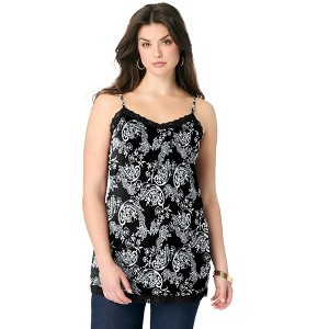 Roaman's Women's Plus Size Lace Trim Knit Cami With Adjustable Straps - 1 of 2