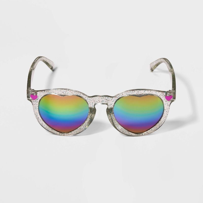 Girls&#39; Heart Lens Glitter Rainbow Round Sunglasses - Cat &#38; Jack&#8482; Clear, 1 of 3