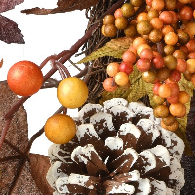 24" Orange and Brown Artificial Autumn Wreath with Pinecones and Hydrangeas