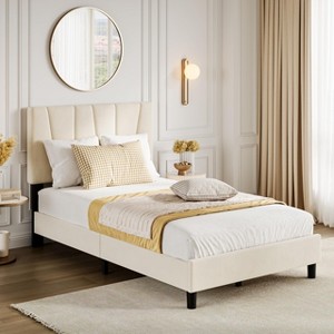 Twin Size Bed Frame with Headboard Adjustable, Linen Upholstered Twin Platform Bed with Headboard - 1 of 4