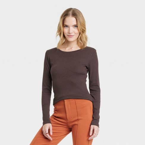 Women's Long Sleeve Ribbed T-shirt - A New Day™ Dark Brown Xxl : Target