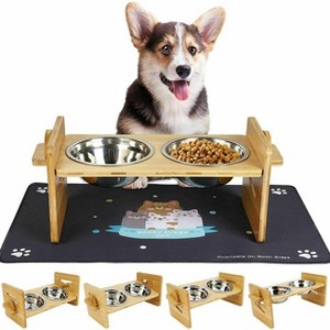 Artloge Elevated Dog Bowls Feeder Stand Bamboo 4 Level Adjustable Raised Food Water Pet Cat Feeding Station with two Bowls - 1 of 4