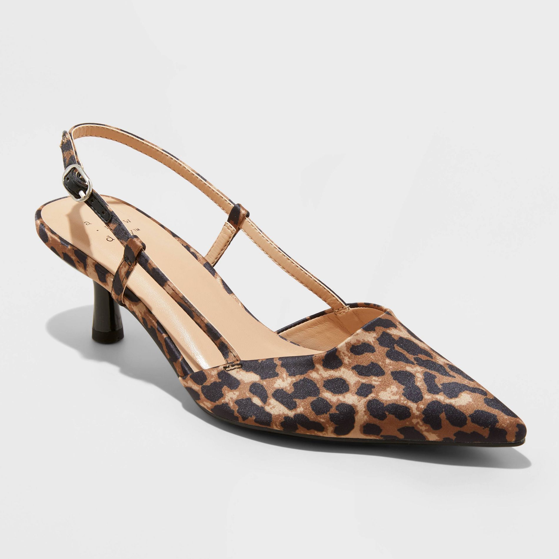 Women's Annette Satin Slingback Heels with Memory Foam Insole - A New Day™ Light Brown 10: Kitten Block Heel, Leopard Spot Pattern